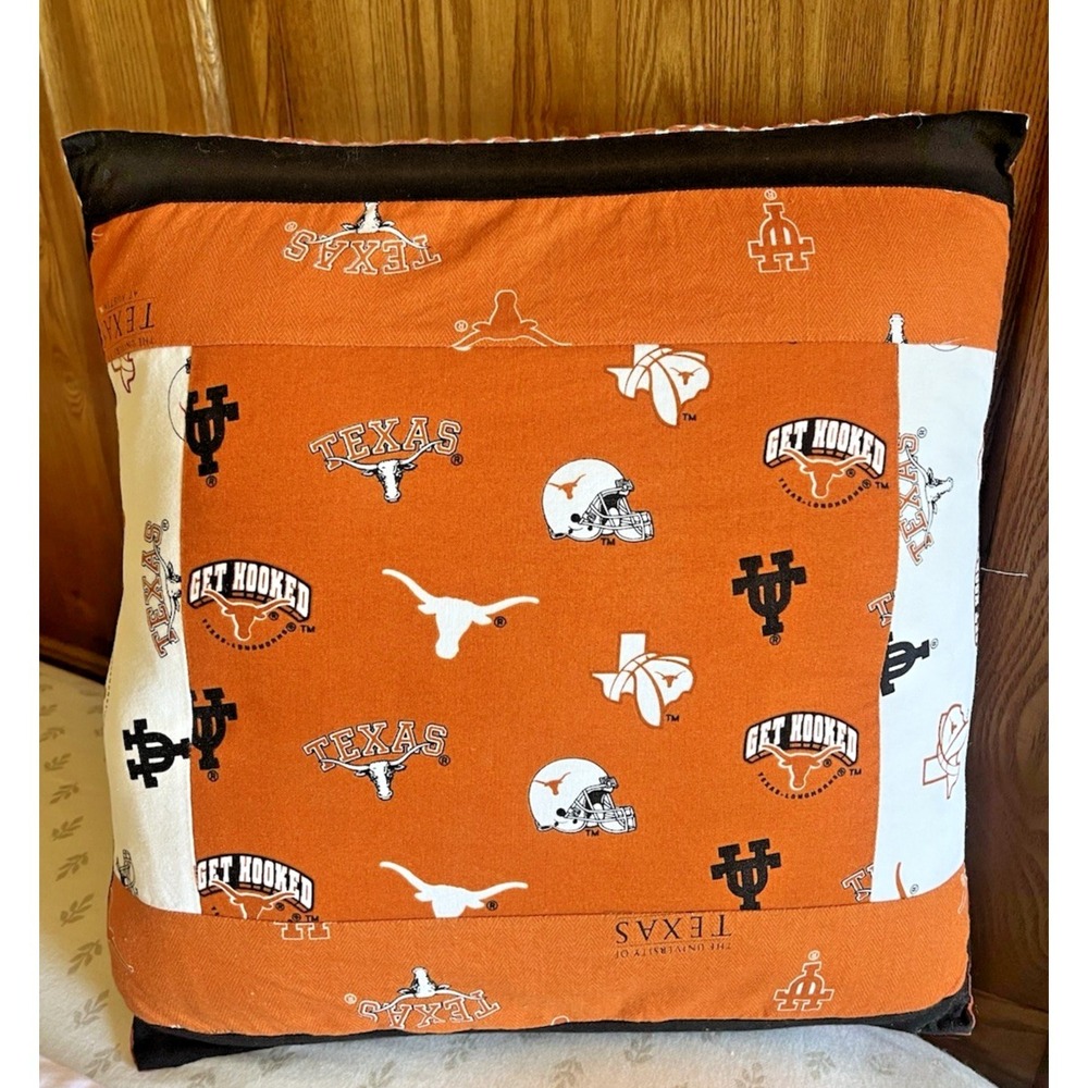 University of Texas Throw Pillow Handmade Quilted Longhorns Dorm Man Cave 12x12"